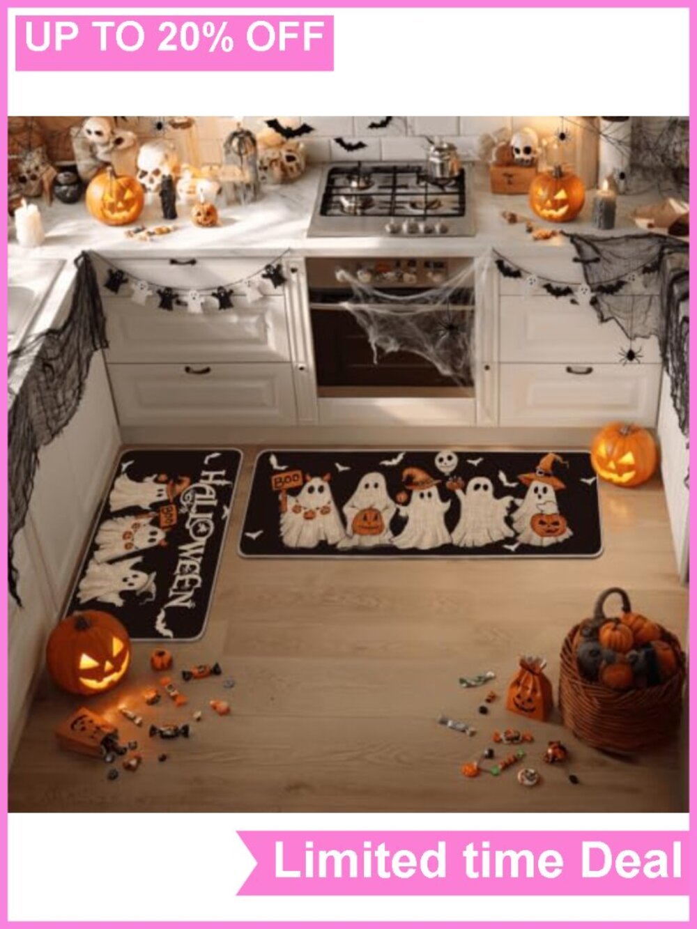 Halloween Kitchen Mats Set of 2 17x29 17x47 Non-Slip Rubber Polyester